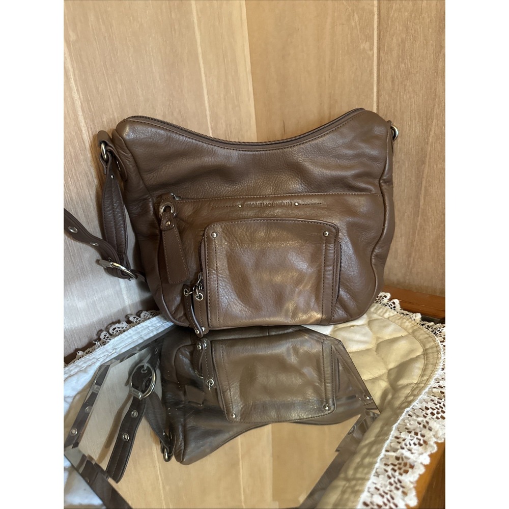 Vintage Stone Mountain Leather Shoulder Bag Adj Strap Brown Leather USA Made